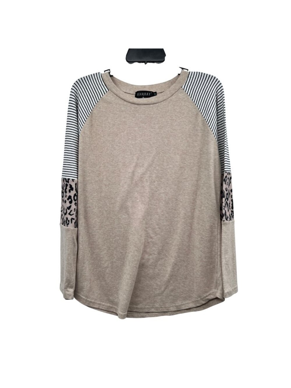HARHAY Womens Long Sleeve Top Mixed Print Tan/Multi Size Medium